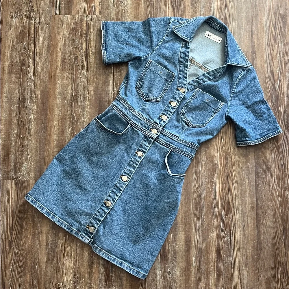 Zara Denim Jean Button Front Casual Short Sleeve Spring Summer Mini Dress - Picture 2 of 5